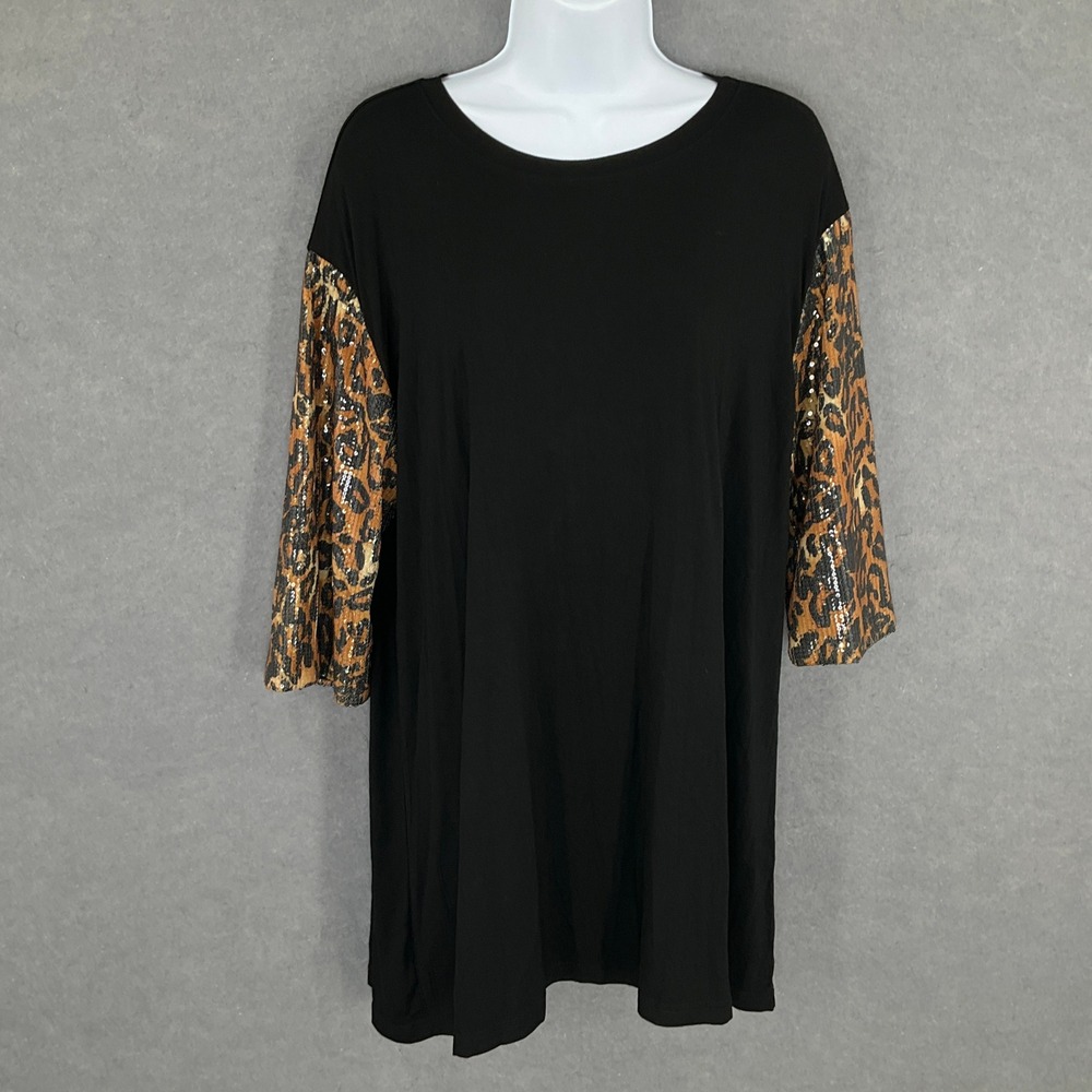 L&B Dress Animal Print Sequin Sleeve Black Tunic Size S Party Night Out